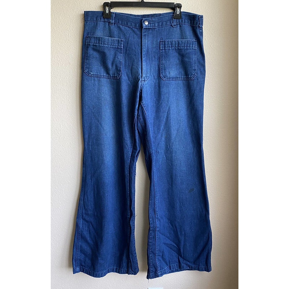 Vtg SEAFARER DUNGAREE Dark Denim USN Navy SEA GO Bellbottom Pants Size 38x32